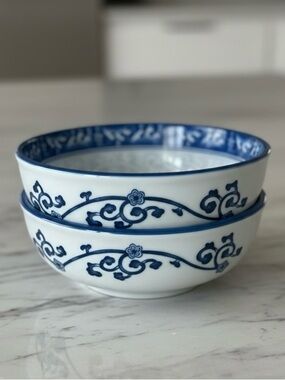 2~ SEOKCHON LOKO Sweet Porcelain rice bowls Vine Gray Blue Print 6” #28591 Korea